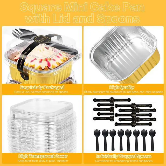 Alt view image 3 of 7 - Square Mini Cake Pans with Lids, Aluminum Foil, Gold, ZOXILEN 25Pack | 5oz Disposable Mini Loaf Pans, With Individual Spoon Sticker, for Halloween Christmas Halloween Party