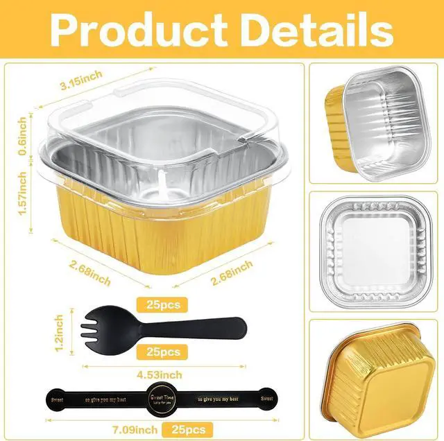 Alt view image 2 of 7 - Square Mini Cake Pans with Lids, Aluminum Foil, Gold, ZOXILEN 25Pack | 5oz Disposable Mini Loaf Pans, With Individual Spoon Sticker, for Halloween Christmas Halloween Party