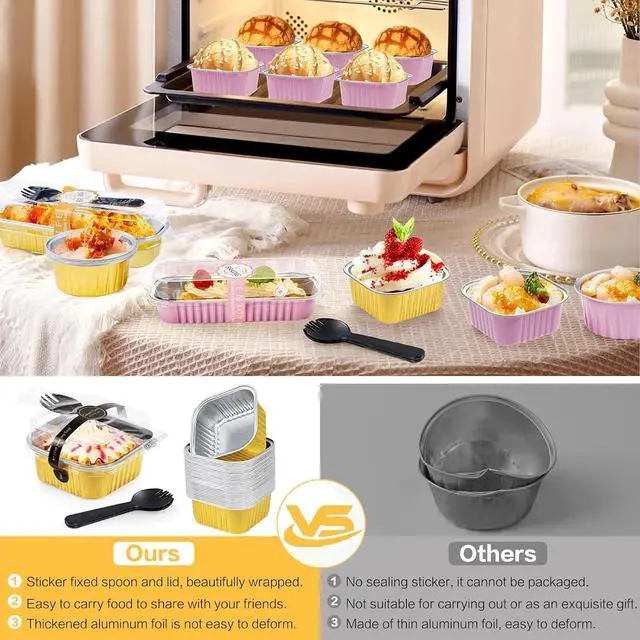 Alt view image 5 of 7 - Square Mini Cake Pans with Lids, Aluminum Foil, Gold, ZOXILEN 25Pack | 5oz Disposable Mini Loaf Pans, With Individual Spoon Sticker, for Halloween Christmas Halloween Party
