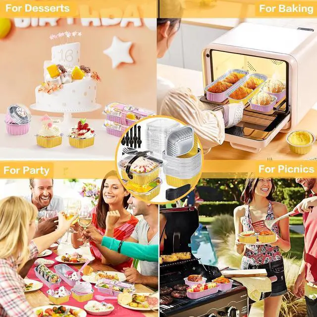 Alt view image 7 of 7 - Square Mini Cake Pans with Lids, Aluminum Foil, Gold, ZOXILEN 25Pack | 5oz Disposable Mini Loaf Pans, With Individual Spoon Sticker, for Halloween Christmas Halloween Party