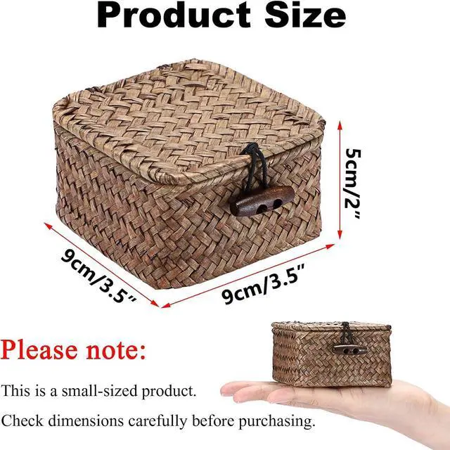 Alt view image 2 of 7 - Hipiwe Mini Seagrass Basket Box Wicker Shelf Baskets with Lid, 3.5"x3.5"x2" | Small Handwoven Decorative Box, Natural Storage Basket for Organizing Key Candy, Home Decor