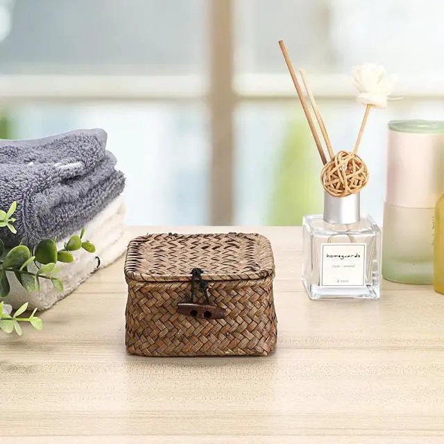 Alt view image 3 of 7 - Hipiwe Mini Seagrass Basket Box Wicker Shelf Baskets with Lid, 3.5"x3.5"x2" | Small Handwoven Decorative Box, Natural Storage Basket for Organizing Key Candy, Home Decor