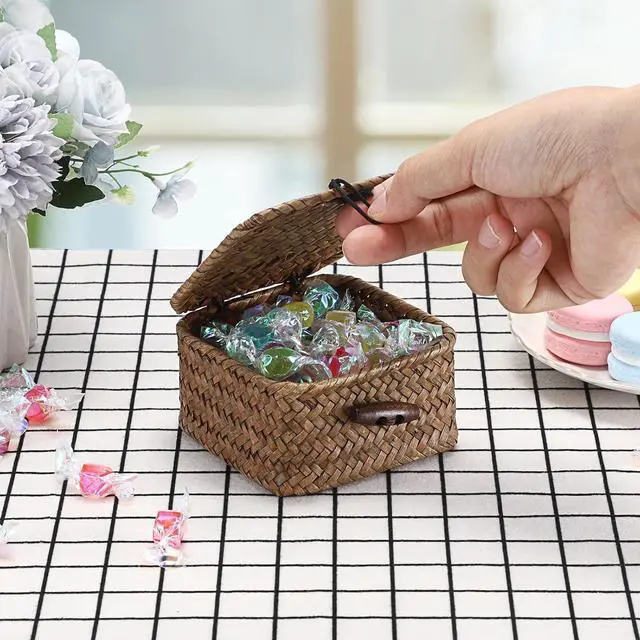 Alt view image 4 of 7 - Hipiwe Mini Seagrass Basket Box Wicker Shelf Baskets with Lid, 3.5"x3.5"x2" | Small Handwoven Decorative Box, Natural Storage Basket for Organizing Key Candy, Home Decor