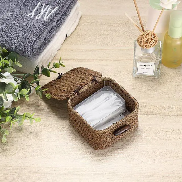 Alt view image 5 of 7 - Hipiwe Mini Seagrass Basket Box Wicker Shelf Baskets with Lid, 3.5"x3.5"x2" | Small Handwoven Decorative Box, Natural Storage Basket for Organizing Key Candy, Home Decor