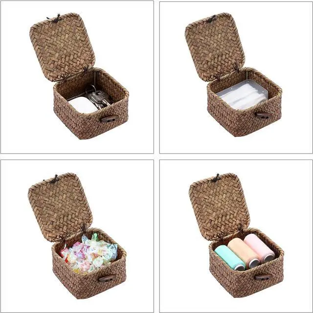 Alt view image 6 of 7 - Hipiwe Mini Seagrass Basket Box Wicker Shelf Baskets with Lid, 3.5"x3.5"x2" | Small Handwoven Decorative Box, Natural Storage Basket for Organizing Key Candy, Home Decor