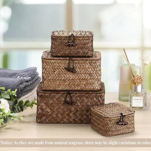 Alt view image 7 of 7 - Hipiwe Mini Seagrass Basket Box Wicker Shelf Baskets with Lid, 3.5"x3.5"x2" | Small Handwoven Decorative Box, Natural Storage Basket for Organizing Key Candy, Home Decor