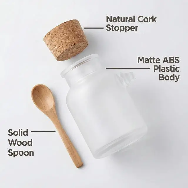 Alt view image 4 of 7 - 2 Pcs 200ml/6.6oz Plastic Bath Salt Jars with Cork Stopper Lids & Spoons, Airtight Food Storage Containers for Candy, Spices, Tea, Coffee, Kitchen Canisters