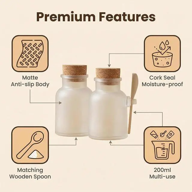 Alt view image 3 of 7 - 2 Pcs 200ml/6.6oz Plastic Bath Salt Jars with Cork Stopper Lids & Spoons, Airtight Food Storage Containers for Candy, Spices, Tea, Coffee, Kitchen Canisters