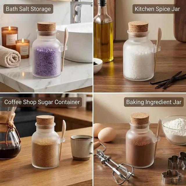 Alt view image 7 of 7 - 2 Pcs 200ml/6.6oz Plastic Bath Salt Jars with Cork Stopper Lids & Spoons, Airtight Food Storage Containers for Candy, Spices, Tea, Coffee, Kitchen Canisters