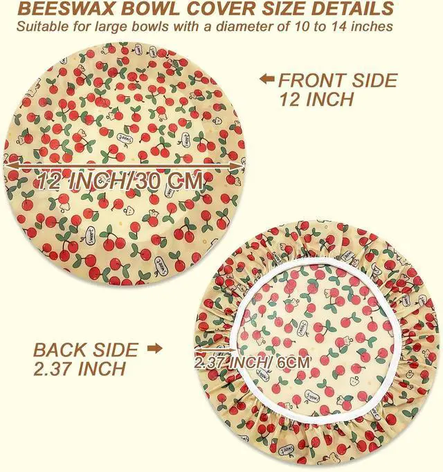 Alt view image 2 of 7 - Reusable Beeswax Bowl Covers, Cherry Pattern, Organic Cotton, Natural Beeswax, 12 Inches, 2 Pack Large, Elastic Cloth Caps for Bread Proofing Baskets and Mixing Bowls.