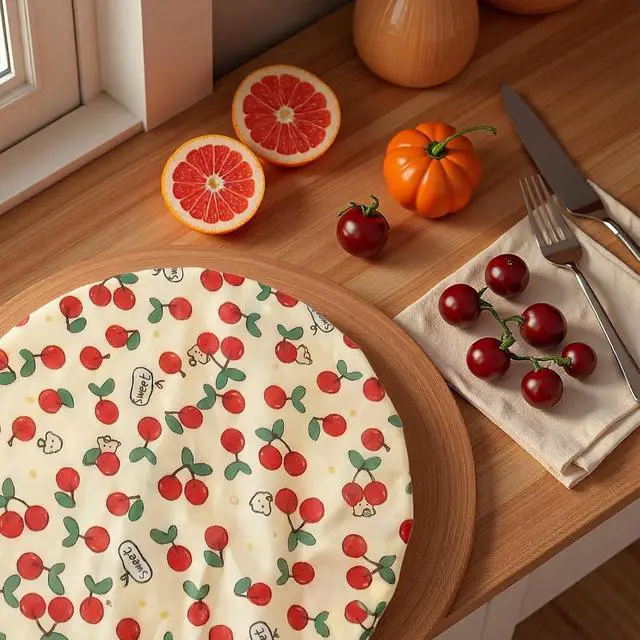 Alt view image 4 of 7 - Reusable Beeswax Bowl Covers, Cherry Pattern, Organic Cotton, Natural Beeswax, 12 Inches, 2 Pack Large, Elastic Cloth Caps for Bread Proofing Baskets and Mixing Bowls.