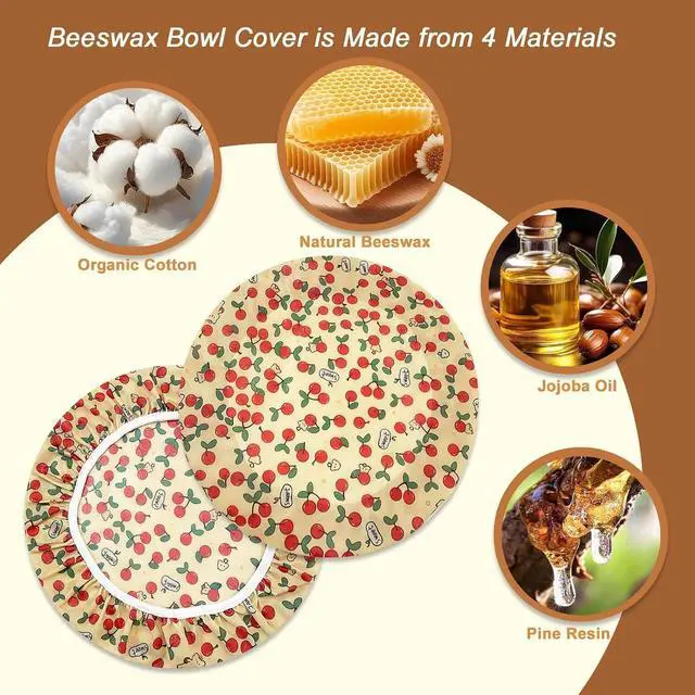 Alt view image 3 of 7 - Reusable Beeswax Bowl Covers, Cherry Pattern, Organic Cotton, Natural Beeswax, 12 Inches, 2 Pack Large, Elastic Cloth Caps for Bread Proofing Baskets and Mixing Bowls.