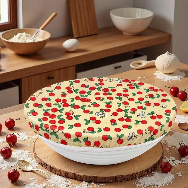 Alt view image 5 of 7 - Reusable Beeswax Bowl Covers, Cherry Pattern, Organic Cotton, Natural Beeswax, 12 Inches, 2 Pack Large, Elastic Cloth Caps for Bread Proofing Baskets and Mixing Bowls.