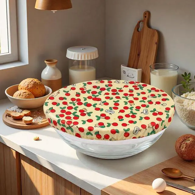 Alt view image 6 of 7 - Reusable Beeswax Bowl Covers, Cherry Pattern, Organic Cotton, Natural Beeswax, 12 Inches, 2 Pack Large, Elastic Cloth Caps for Bread Proofing Baskets and Mixing Bowls.