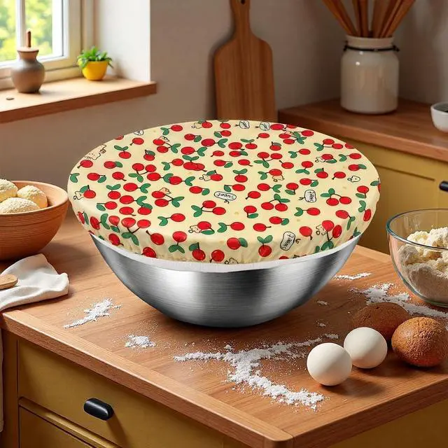 Alt view image 7 of 7 - Reusable Beeswax Bowl Covers, Cherry Pattern, Organic Cotton, Natural Beeswax, 12 Inches, 2 Pack Large, Elastic Cloth Caps for Bread Proofing Baskets and Mixing Bowls.