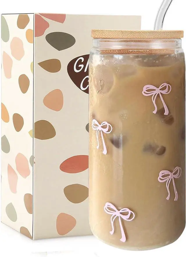 Main image of Mikopei Coquette Aesthetic Glass Cups with Lids and Straws - Pink Bow Iced Coffee Cup Decor, Cute Tumbler Smoothie with Cleaning Brush&Gift Box, Gifts for Girls Women Friends, 16 oz