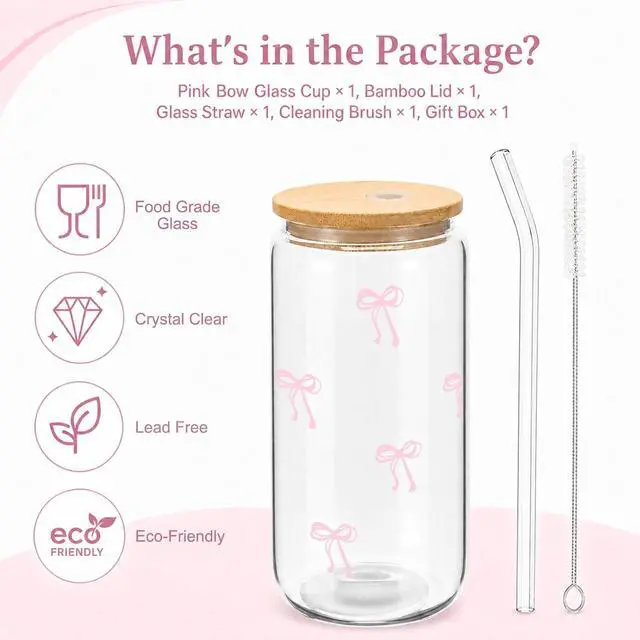 Alt view image 3 of 7 - Mikopei Coquette Aesthetic Glass Cups with Lids and Straws - Pink Bow Iced Coffee Cup Decor, Cute Tumbler Smoothie with Cleaning Brush&Gift Box, Gifts for Girls Women Friends, 16 oz
