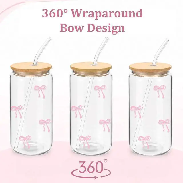 Alt view image 2 of 7 - Mikopei Coquette Aesthetic Glass Cups with Lids and Straws - Pink Bow Iced Coffee Cup Decor, Cute Tumbler Smoothie with Cleaning Brush&Gift Box, Gifts for Girls Women Friends, 16 oz