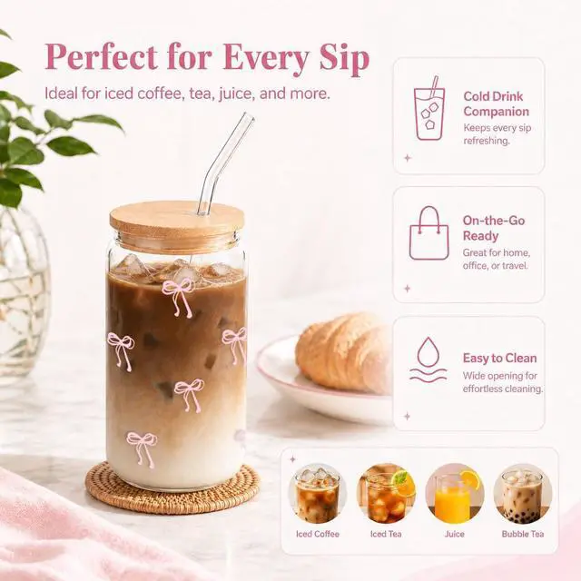 Alt view image 4 of 7 - Mikopei Coquette Aesthetic Glass Cups with Lids and Straws - Pink Bow Iced Coffee Cup Decor, Cute Tumbler Smoothie with Cleaning Brush&Gift Box, Gifts for Girls Women Friends, 16 oz