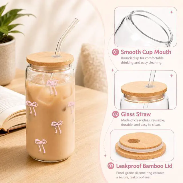 Alt view image 5 of 7 - Mikopei Coquette Aesthetic Glass Cups with Lids and Straws - Pink Bow Iced Coffee Cup Decor, Cute Tumbler Smoothie with Cleaning Brush&Gift Box, Gifts for Girls Women Friends, 16 oz
