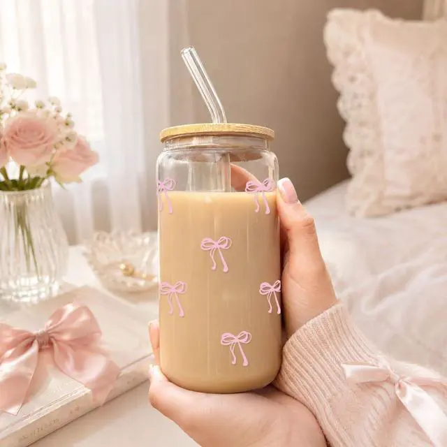 Alt view image 6 of 7 - Mikopei Coquette Aesthetic Glass Cups with Lids and Straws - Pink Bow Iced Coffee Cup Decor, Cute Tumbler Smoothie with Cleaning Brush&Gift Box, Gifts for Girls Women Friends, 16 oz