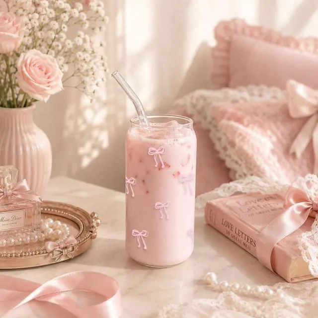 Alt view image 7 of 7 - Mikopei Coquette Aesthetic Glass Cups with Lids and Straws - Pink Bow Iced Coffee Cup Decor, Cute Tumbler Smoothie with Cleaning Brush&Gift Box, Gifts for Girls Women Friends, 16 oz
