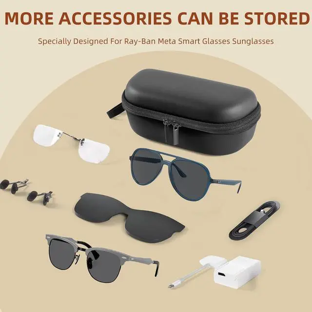 Alt view image 3 of 7 - Hard Case for Ray-Ban Meta Charging Case & Accessories Kit - Anti-Slip Nose Pads, Ear Grips & Strap - Protective Travel Carrier for Wayfarer Smart Glasses Men Women Biking & Sports-Black
