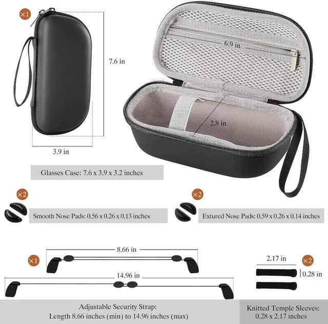 Alt view image 7 of 7 - Hard Case for Ray-Ban Meta Charging Case & Accessories Kit - Anti-Slip Nose Pads, Ear Grips & Strap - Protective Travel Carrier for Wayfarer Smart Glasses Men Women Biking & Sports-Black