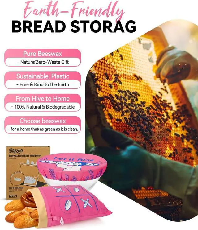 Alt view image 6 of 6 - Beeswax Bread Bag & Bowl Cover Set - Reusable Cotton Bread Bag for Homemade Sourdough and Beeswax Bowl Cover for 10-Inch Bowls