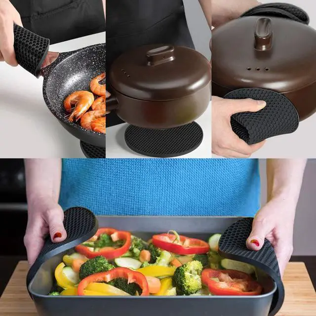 Alt view image 5 of 7 - 4 Pcs Trivets for Hot Dishes, Hot Pads for Kitchen, Silicone Pot Holders, Extra Thick, Non Slip, Multipurpose Kitchen Accessories (Black)