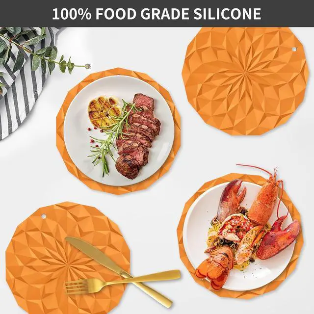 Alt view image 2 of 7 - ME.FAN Silicone Trivet Mats - 4 Pack Pot Holders - 7.4'' Thickened Hot Pads for Hot pots, Pans and Dishes, Heat Resistant Silicone Trivet for Table and Counter Top Orange