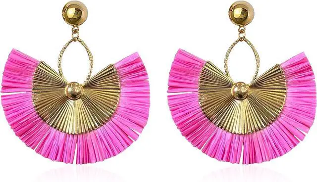 Main image of Straw Statement Tassel Earrings Hoop Tassel Bohemian Geometric Handmade Earrings for Women