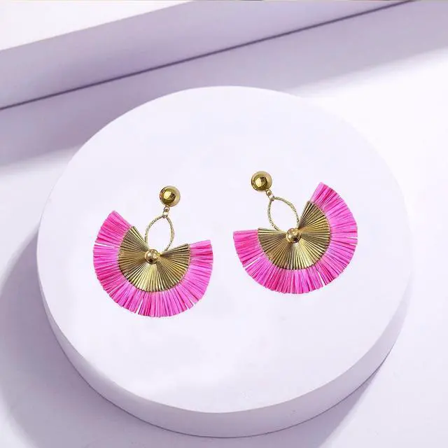 Alt view image 6 of 6 - Straw Statement Tassel Earrings Hoop Tassel Bohemian Geometric Handmade Earrings for Women