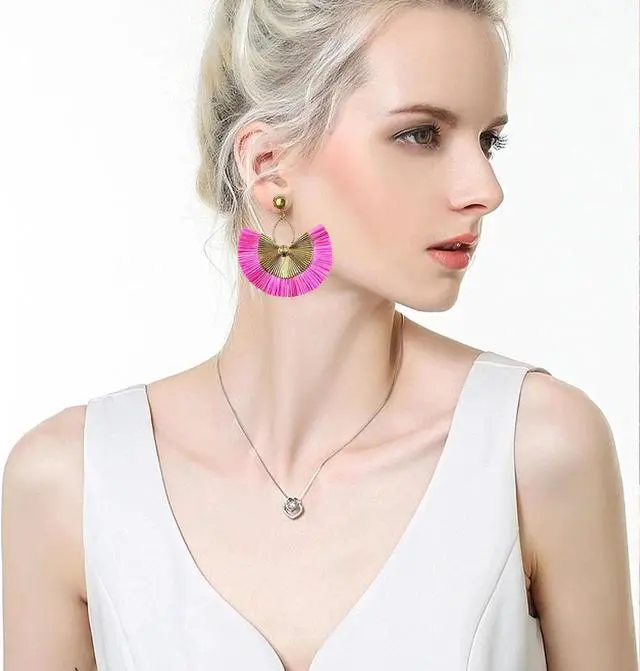 Alt view image 2 of 6 - Straw Statement Tassel Earrings Hoop Tassel Bohemian Geometric Handmade Earrings for Women