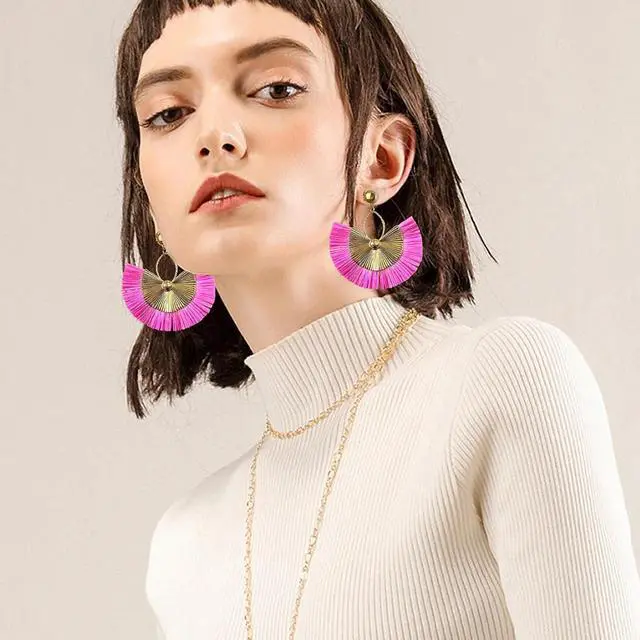Alt view image 3 of 6 - Straw Statement Tassel Earrings Hoop Tassel Bohemian Geometric Handmade Earrings for Women