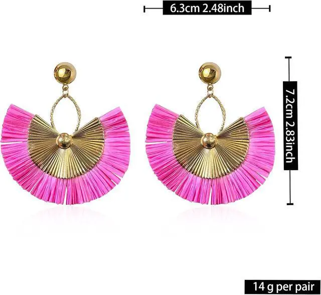 Alt view image 5 of 6 - Straw Statement Tassel Earrings Hoop Tassel Bohemian Geometric Handmade Earrings for Women