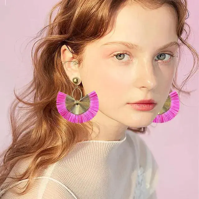 Alt view image 4 of 6 - Straw Statement Tassel Earrings Hoop Tassel Bohemian Geometric Handmade Earrings for Women