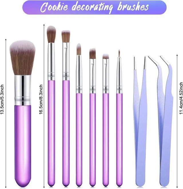 Alt view image 2 of 6 - Sinmoe 10 Pieces Cake Candy Decorating Brushes Tools Cookie Decoration Brushes Pastry Brush and Stainless Steel Straight and Curved Tip Tweezers Pasta Tweezers for Baking Fondant (Purple Color)
