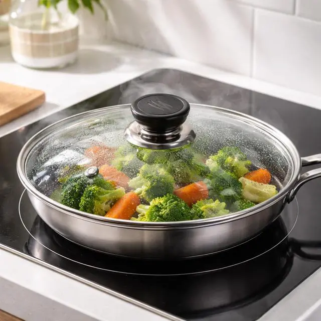 Alt view image 6 of 7 - 8 Inch Glass Lid for Frying Pan Tempered Transparent Pot Lid with Stainless Steel Rim & Heat-Resistant Handle, Fits 8 Skillet, Pan, Wok Durable See-Through Cookware Cove