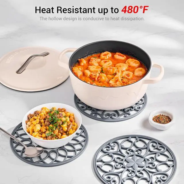 Alt view image 3 of 7 - SMARTAKE 3 Set Silicone Trivet Mats for Hot Dishes Pots and Pans (Grey) | Heat Resistant Pots and Pans Holders, Non-Slip Flexible Pads Coasters for Countertops Table, Modern Kitchen Decor Accessories