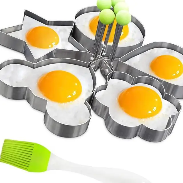Alt view image 4 of 7 - Egg Pancake Rings,5pcs Fried Egg Molds in Star, Round, Heart Different Shaped,Stainless Steel Omelette Frying Cooking Tools Kitchen Accessories Gadget Rings,with a Silicone Pastry Brush,Set of 5