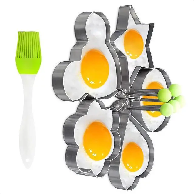 Alt view image 6 of 7 - Egg Pancake Rings,5pcs Fried Egg Molds in Star, Round, Heart Different Shaped,Stainless Steel Omelette Frying Cooking Tools Kitchen Accessories Gadget Rings,with a Silicone Pastry Brush,Set of 5