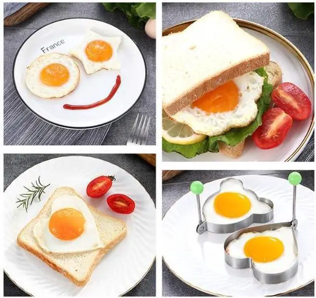 Alt view image 7 of 7 - Egg Pancake Rings,5pcs Fried Egg Molds in Star, Round, Heart Different Shaped,Stainless Steel Omelette Frying Cooking Tools Kitchen Accessories Gadget Rings,with a Silicone Pastry Brush,Set of 5