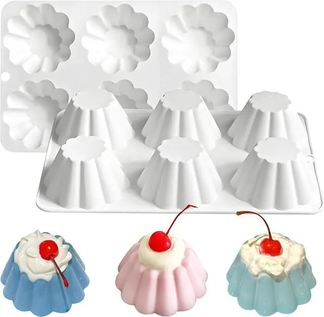Main image of Silicone Pudding Jello Mold 6-Cavity Flower Shape | Panna Cotta Molds, 8.78 x 5.71 in Tray, Easy Demolding, Steamed Pudding Use, 2-Pack
