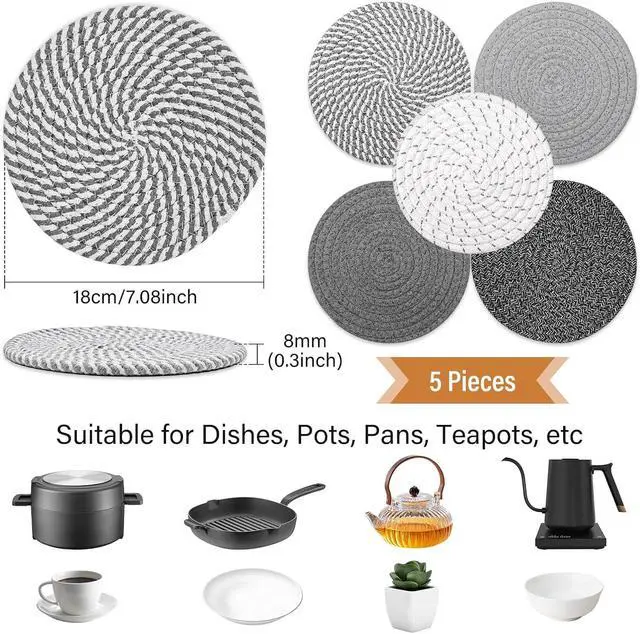 Alt view image 2 of 7 - Tidponra Trivet Mats Set for Hot Dishes, 5 Heat Resistant Pot Holders Kitchen Counter, Table, Home Essentials, Anti Stain Hot Pads Plate Mats for Hot pots and Pans, 7 Inches