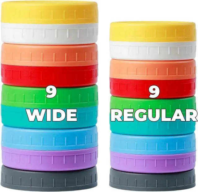 Main image of Bedgeta 18 Pack 9 Wide Mouth & 9 Regular Mouth Mason Jar Lids with Silicone Rings,Thickened Leak-proof Lids Fit Ball,Kerr and More, 18 Color Plastic Lids, 86mm &70mm Plastic Mason Jar Lids
