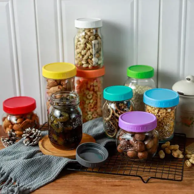 Alt view image 6 of 6 - Bedgeta 18 Pack 9 Wide Mouth & 9 Regular Mouth Mason Jar Lids with Silicone Rings,Thickened Leak-proof Lids Fit Ball,Kerr and More, 18 Color Plastic Lids, 86mm &70mm Plastic Mason Jar Lids