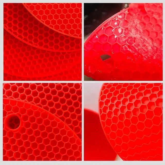 Alt view image 4 of 7 - 7-Inch Round Trivet Mats - 4 Pack Silicone Hot Pads, Non-Slip Heat Resistant, Dishwasher Safe, Ideal as Round Dab Mat (red)