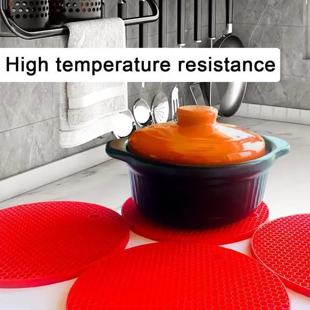 Alt view image 5 of 7 - 7-Inch Round Trivet Mats - 4 Pack Silicone Hot Pads, Non-Slip Heat Resistant, Dishwasher Safe, Ideal as Round Dab Mat (red)
