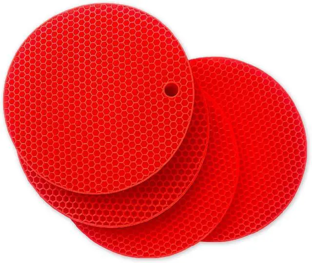 Alt view image 2 of 7 - 7-Inch Round Trivet Mats - 4 Pack Silicone Hot Pads, Non-Slip Heat Resistant, Dishwasher Safe, Ideal as Round Dab Mat (red)
